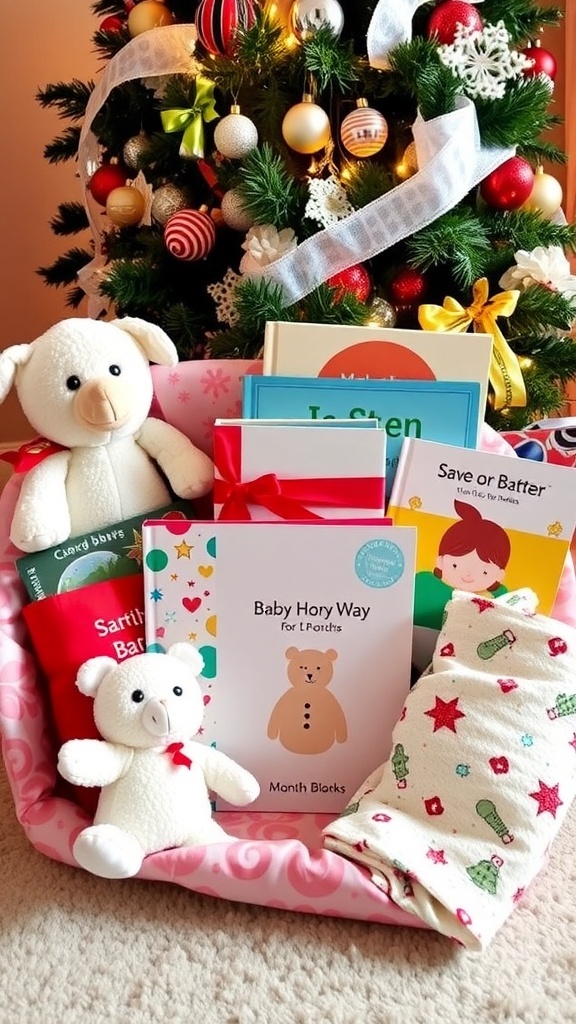A collection of Christmas gifts for a newborn, featuring plush toys and baby books under a Christmas tree.